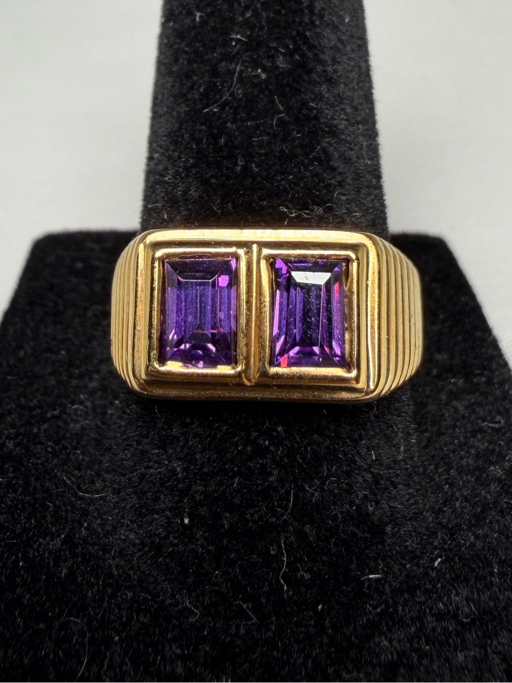 Natural Amethyst 2 Stone Ring 1.60ctw Emerald Cut Gold Over 925 Sterling Sz 8